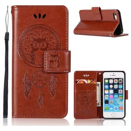 Intricate Embossing Owl Campanula Leather Wallet Case for iPhone SE 5s 5 - Brown