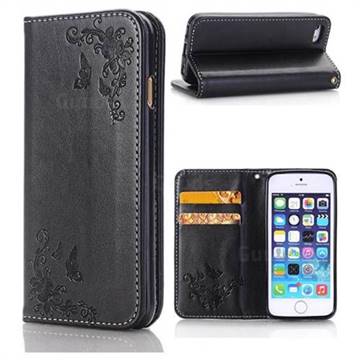 Intricate Embossing Slim Butterfly Rose Leather Holster Case for iPhone SE 5s 5 - Black