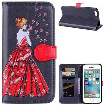Dandelion Wedding Dress Girl Flash Powder Leather Wallet Holster Case for iPhone SE 5s 5 - Concrete Grey