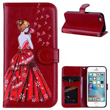 Dandelion Wedding Dress Girl Flash Powder Leather Wallet Holster Case for iPhone SE 5s 5 - Red