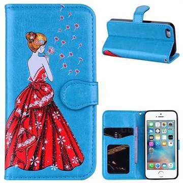 Dandelion Wedding Dress Girl Flash Powder Leather Wallet Holster Case for iPhone SE 5s 5 - Blue