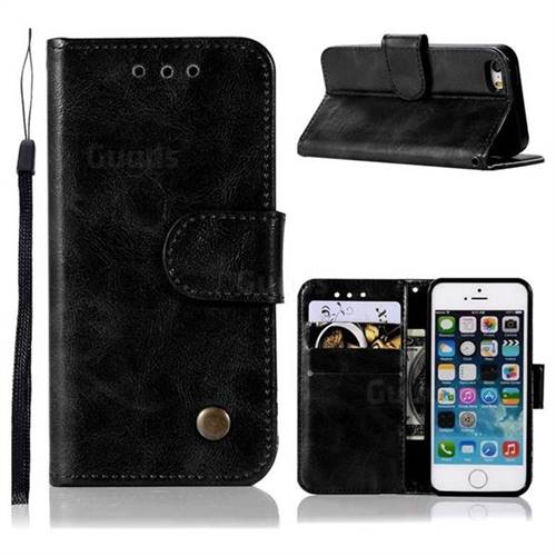 Luxury Retro Leather Wallet Case for iPhone SE 5s 5 - Black