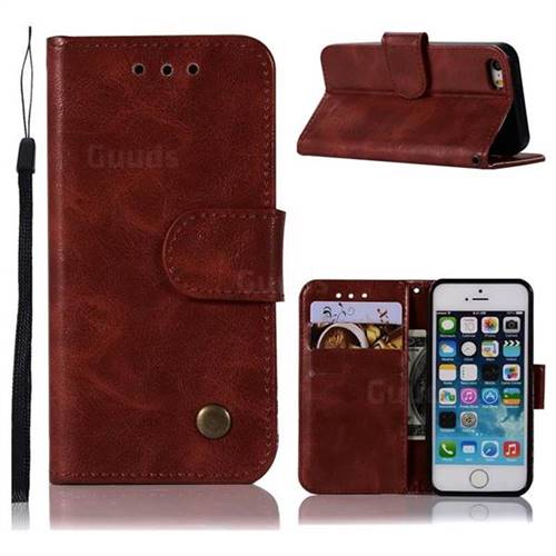 Luxury Retro Leather Wallet Case for iPhone SE 5s 5 - Wine Red