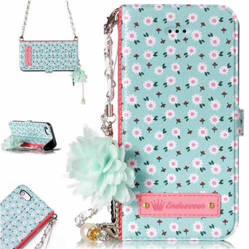 Daisy Endeavour Florid Pearl Flower Pendant Metal Strap PU Leather Wallet Case for iPhone SE 5s 5