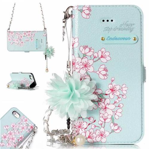 Cherry Blossoms Endeavour Florid Pearl Flower Pendant Metal Strap PU Leather Wallet Case for iPhone SE 5s 5