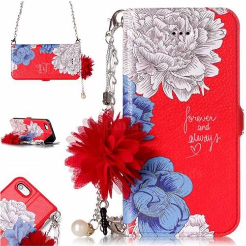 Red Chrysanthemum Endeavour Florid Pearl Flower Pendant Metal Strap PU Leather Wallet Case for iPhone SE 5s 5