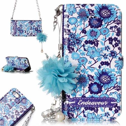 Blue-and-White Endeavour Florid Pearl Flower Pendant Metal Strap PU Leather Wallet Case for iPhone SE 5s 5