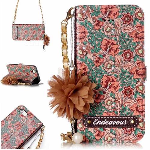 Impatiens Endeavour Florid Pearl Flower Pendant Metal Strap PU Leather Wallet Case for iPhone SE 5s 5