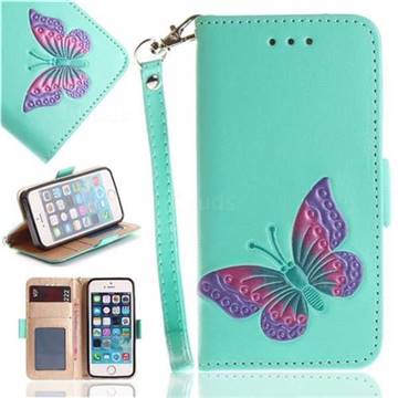 Imprint Embossing Butterfly Leather Wallet Case for iPhone SE 5s 5 - Mint Green
