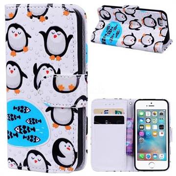 Penguin 3D Relief Oil PU Leather Wallet Case for iPhone SE 5s 5