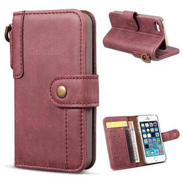Retro Luxury Cowhide Leather Wallet Case for iPhone SE 5s 5 - Wine Red