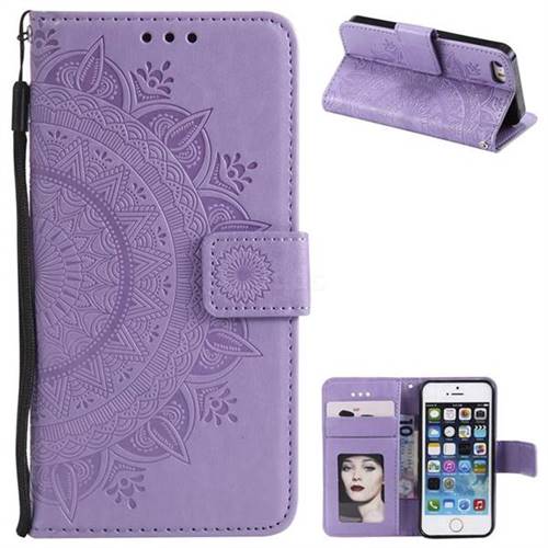 Intricate Embossing Datura Leather Wallet Case for iPhone SE 5s 5 - Purple