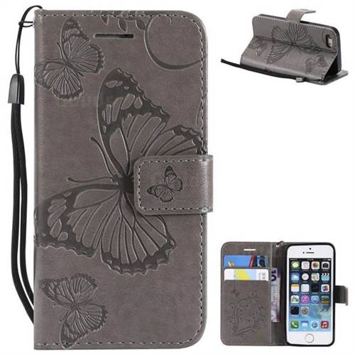 Embossing 3D Butterfly Leather Wallet Case for iPhone SE 5s 5 - Gray