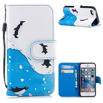 Sea Penguin Painting Leather Wallet Phone Case for iPhone SE 5s 5