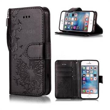 Intricate Embossing Dandelion Butterfly Leather Wallet Case for iPhone SE 5s 5 - Black