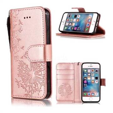 Intricate Embossing Dandelion Butterfly Leather Wallet Case for iPhone SE 5s 5 - Rose Gold