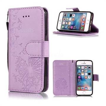 Intricate Embossing Dandelion Butterfly Leather Wallet Case for iPhone SE 5s 5 - Purple