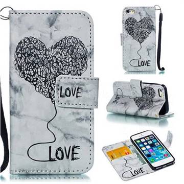 Marble Heart PU Leather Wallet Phone Case for iPhone SE 5s 5 - Black