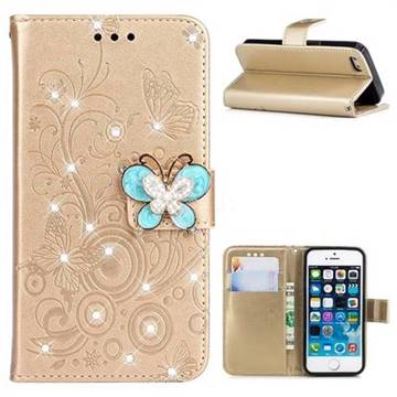 Embossing Butterfly Circle Rhinestone Leather Wallet Case for iPhone SE 5s 5 - Champagne