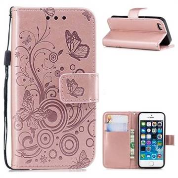 Intricate Embossing Butterfly Circle Leather Wallet Case for iPhone SE 5s 5 - Rose Gold