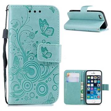 Intricate Embossing Butterfly Circle Leather Wallet Case for iPhone SE 5s 5 - Cyan