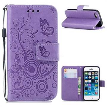 Intricate Embossing Butterfly Circle Leather Wallet Case for iPhone SE 5s 5 - Purple