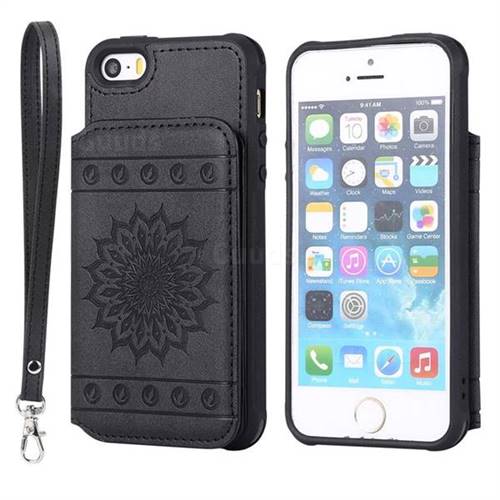 Luxury Embossing Sunflower Multifunction Leather Back Cover for iPhone SE 5s 5 - Black
