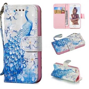Blue Peacock 3D Painted Leather Wallet Phone Case for iPhone SE 5s 5