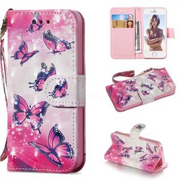 Pink Butterfly 3D Painted Leather Wallet Phone Case for iPhone SE 5s 5