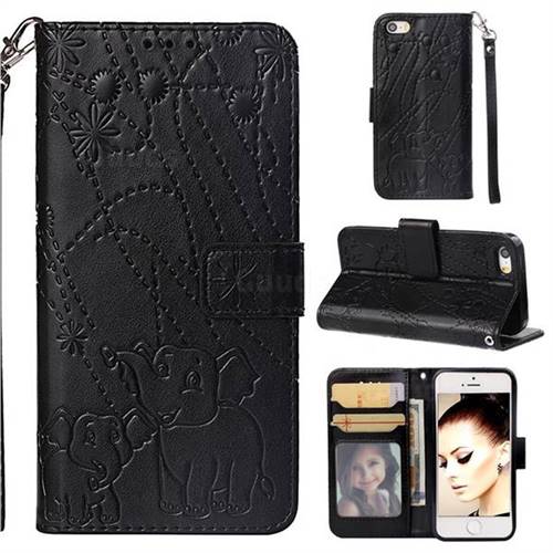 Embossing Fireworks Elephant Leather Wallet Case for iPhone SE 5s 5 - Black