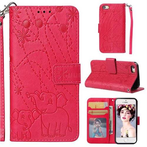 Embossing Fireworks Elephant Leather Wallet Case for iPhone SE 5s 5 - Red