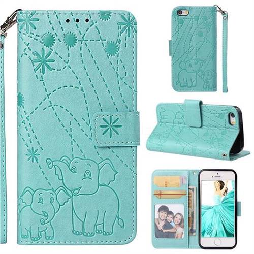 Embossing Fireworks Elephant Leather Wallet Case for iPhone SE 5s 5 - Green