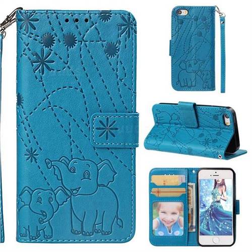 Embossing Fireworks Elephant Leather Wallet Case for iPhone SE 5s 5 - Blue