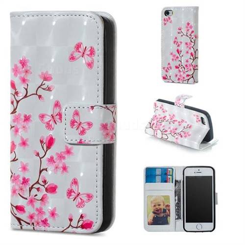 Butterfly Sakura Flower 3D Painted Leather Phone Wallet Case for iPhone SE 5s 5