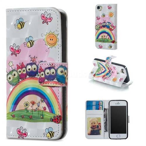 Rainbow Owl Family 3D Painted Leather Phone Wallet Case for iPhone SE 5s 5