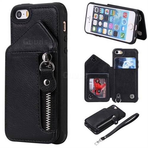 Classic Luxury Buckle Zipper Anti-fall Leather Phone Back Cover for iPhone SE 5s 5 - Black