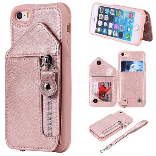 Classic Luxury Buckle Zipper Anti-fall Leather Phone Back Cover for iPhone SE 5s 5 - Pink