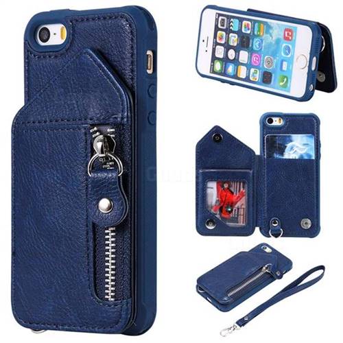 Classic Luxury Buckle Zipper Anti-fall Leather Phone Back Cover for iPhone SE 5s 5 - Blue