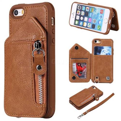 Classic Luxury Buckle Zipper Anti-fall Leather Phone Back Cover for iPhone SE 5s 5 - Brown