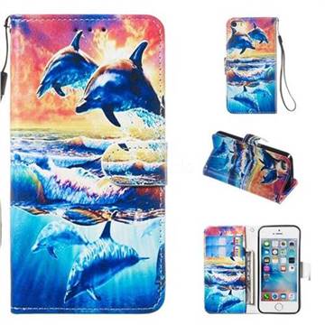 Couple Dolphin Smooth Leather Phone Wallet Case for iPhone SE 5s 5