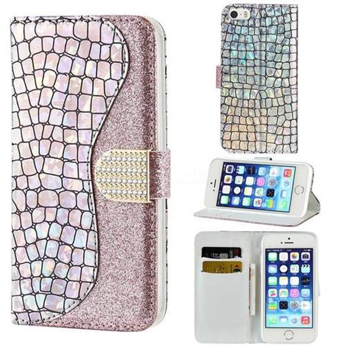Glitter Diamond Buckle Laser Stitching Leather Wallet Phone Case for iPhone SE 5s 5 - Pink