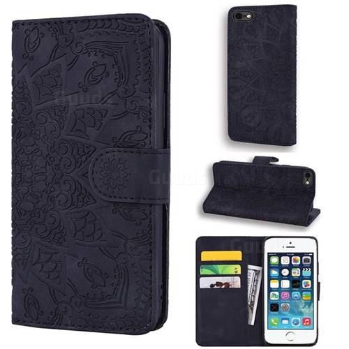 Retro Embossing Mandala Flower Leather Wallet Case for iPhone SE 5s 5 - Black