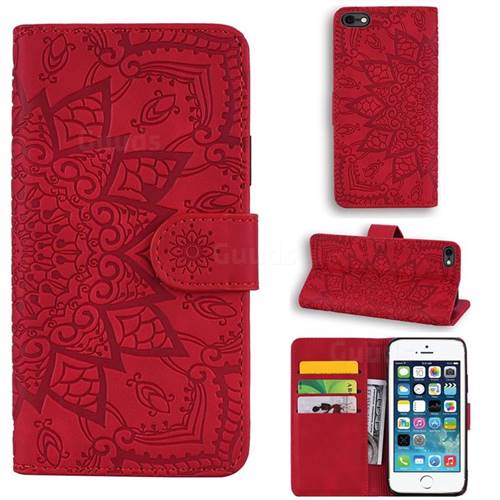 Retro Embossing Mandala Flower Leather Wallet Case for iPhone SE 5s 5 - Red