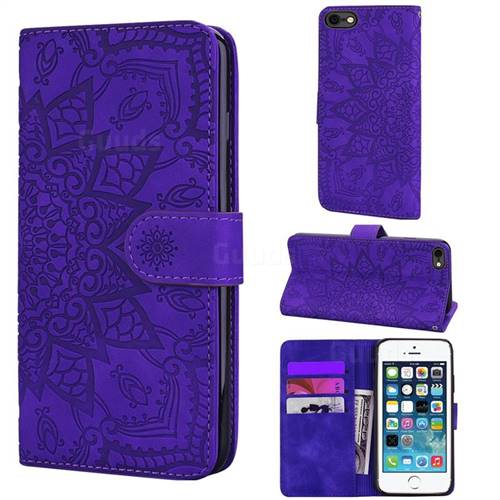 Retro Embossing Mandala Flower Leather Wallet Case for iPhone SE 5s 5 - Purple