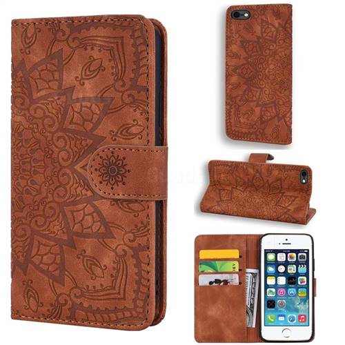 Retro Embossing Mandala Flower Leather Wallet Case for iPhone SE 5s 5 - Brown