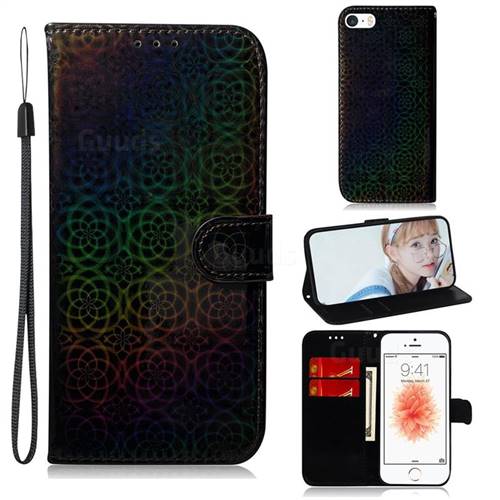 Laser Circle Shining Leather Wallet Phone Case for iPhone SE 5s 5 - Black