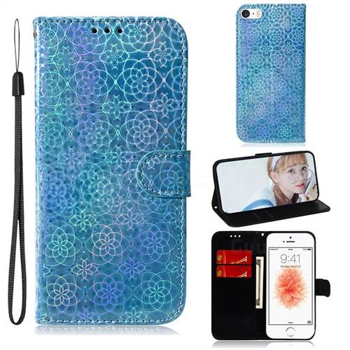 Laser Circle Shining Leather Wallet Phone Case for iPhone SE 5s 5 - Blue