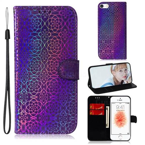 Laser Circle Shining Leather Wallet Phone Case for iPhone SE 5s 5 - Purple