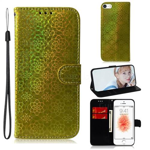 Laser Circle Shining Leather Wallet Phone Case for iPhone SE 5s 5 - Golden