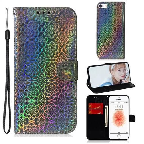 Laser Circle Shining Leather Wallet Phone Case for iPhone SE 5s 5 - Silver